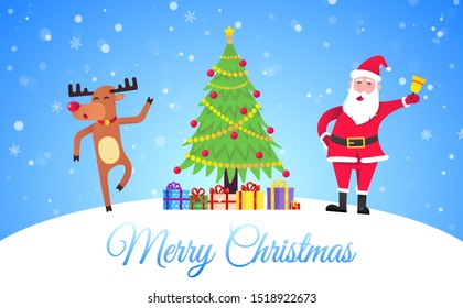 Santa Claus and the red nosed christmas reindeer and wish a merry christmas and happy new year to you postcard flat style design vector illustration. Christmas fir tree behind.