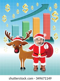 Santa claus and red nosed reindeer with business graph