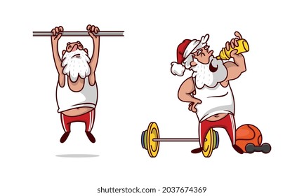 Santa Claus in Red Pants and Tank Top Pulling Up on Bar and Drinking Water Vector Set