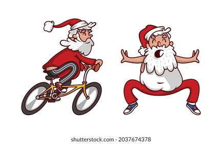 Santa Claus in Red Pants and Tank Top Cycling and Doing Squats Vector Set