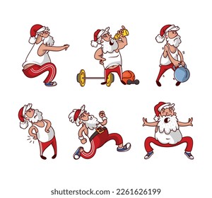 Santa Claus in Red Pants and Tank Top Doing Sport Vector Set