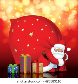 Santa Claus with red sack and gift boxes of different colors and sizes on shining background. Christmas and New Year, banner and greeting card. Vector illustration