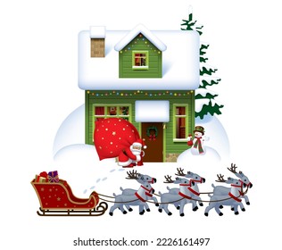 Santa Claus with red sack with gifts near village house covered with snow and sleigh in reindeer sleigh isolated on white. Christmas and New Year greeting card. Vector Illustration