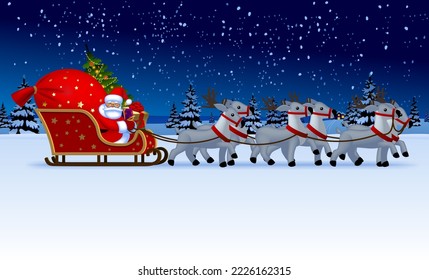 Santa Claus with a red sack with gifts and a Christmas tree sitting in a reindeer sleigh against a night winter landscape background. Christmas and New Year 
greeting card and poster template design. 