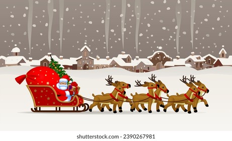 Santa Claus with a red sack with gifts and a Christmas tree sitting in a reindeer sleigh in a snowy town. Christmas and New Year greeting card and poster template design. Vector Illustration
