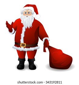 Santa Claus with red sack over white. Vector background