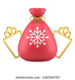 Santa Claus red sack with snowflake ornament and golden gift box frame realistic 3d icon vector illustration. Christmas present bag traditional winter holiday December festive decorative design