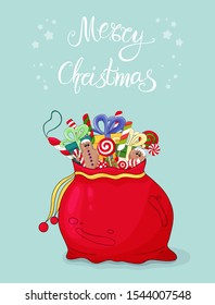 Santa Claus red sack with traditional christmas sweets, gift boxes isolated on blue background. Merry Christmas greeting card,creative lettering text, hand drawn logo. Santa's full bag, large sack.