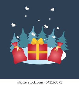 Santa Claus red sacks and gift with christmas trees isolated on dark background