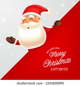 Santa Claus with red signboard. Merry Christmas and Happy New Year!  Christmas greetings template vector illustration. Holiday vector background