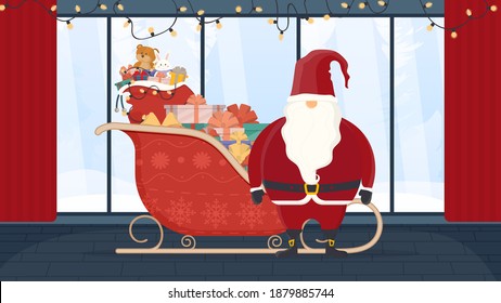 Santa claus with red sleds. Sleds, gifts, new year and christmas concept. Cartoon style design. Vector illustration