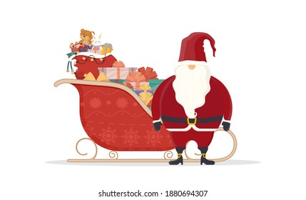 Santa claus with red sleds. Sleds, gifts, new year and christmas concept. Vector isolated on white background. Cartoon style design.