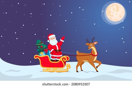 Santa Claus in a red sleigh pulled by a beautiful deer. Gifts, holiday tree. Moon, snowfall. New year's night. Flat style. Against the background of the night. New Year. Christmas. Vector illustration