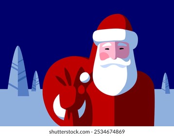 Santa Claus in a red suit with a red bag on the background of a blue winter landscape in the snow. Christmas and New Year greeting cards and billboard design 
in flat style. Vector Illustration