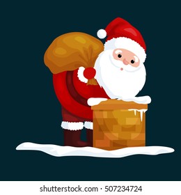Santa Claus in red suit with bag full of gifts in the chimney climbs that would give presents on Christmas Eve or winter holiday xmass, new year vector illustration