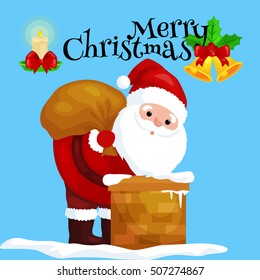 Santa Claus in red suit with bag full of gifts in the chimney climbs that would give presents on Christmas Eve or winter holiday xmass, new year vector illustration