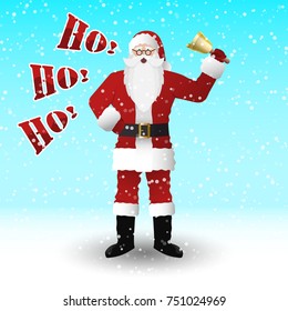 Santa Claus in a red suit with a bell. Shouts ho ho ho. Vector image.