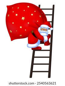 Santa Claus in a red suit with a big red sack climbs a ladder isolated on white. Christmas and New Year greeting cards and billboard design in 3d style. Vector Illustration