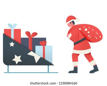 Santa Claus in a red suit drags a huge bag with gifts to his sleigh