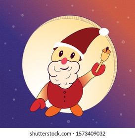 Santa Claus with a red suit, hat and gloves. He carries a yellow bell in his hand.