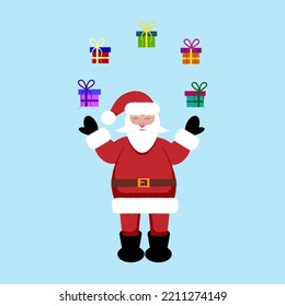 Santa claus in a red suit and red hat, black mittens and boots throws gifts.Web
