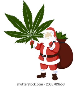 Santa Claus in a red suit holding with one hand cannabis leaf. And with the other hand, he is holding a big bag full of marihuana. Happy holidays with good presents and gifts from Santa. Isolated.