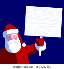 Santa Claus in a red suit holds an empty white wood sign on a blue background. Christmas and New Year greeting cards and discount banner design in flat style. Vector Illustration