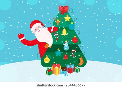 Santa Claus Red Suit Looks Cheer Tree Gifts Poster