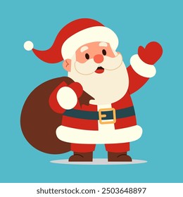 Santa Claus in red suit waving and carrying a sack over his shoulder, set against a light blue background, perfect for holiday and Christmas-themed designs