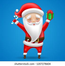 Santa Claus in the Red Suit with Xmas Candy Cane and Gift, Saint Nicholas, Cartoon Character, Isolated on Blue Background, Merry Christmas, Happy New Year, Realistic Hand Drawn Vector 3D Illustration