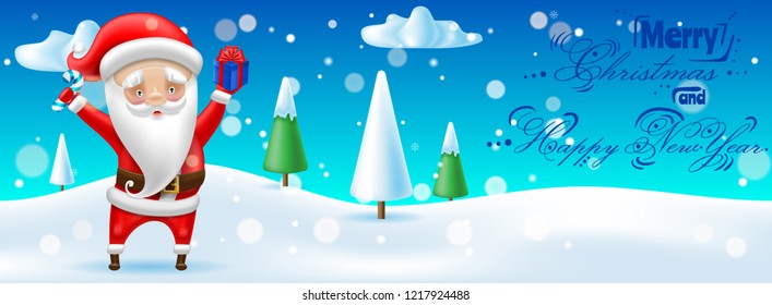 Santa Claus in the Red Suit with Xmas Candy Cane and Gift, Cartoon Character, Merry Christmas and Happy New Year, Realistic Hand Drawn Vector 3D Illustration, Holiday Concept, Ad Poster, Cover, Winter