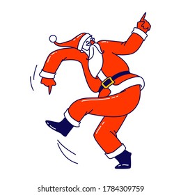 Santa Claus in Red Traditional Costume Dancing Activity. Cool Christmas Character Performing Modern Dance at Night Club Party or Xmas Celebration Event. New Year Disco. Linear Vector Illustration