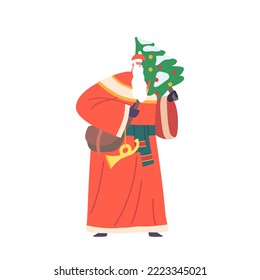 Santa Claus in Red Traditional Country Costume Carry Decorated Fir Tree, Shoulder Bag and Horn on Belt Isolated on White Background. Winter Season Holidays Personage. Cartoon Vector Illustration