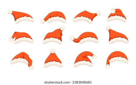 Santa Claus red winter hats collection. Cap with fur traditional element custume Santa. Festive decorative clothing. Vector illustration set in cartoon style.