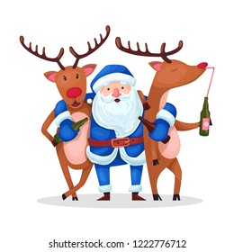 Santa Claus and reindeer. Alternative Christmas: Very drunk Santa with embracing crazy drunk deer after active holiday