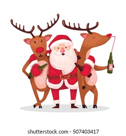 Santa Claus and reindeer. Alternative Christmas: Very drunk Santa with embracing crazy drunk deer after active holiday