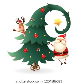 Santa Claus and Reindeer around the Christmas tree on transparent background. Scandinavian gnomes style.