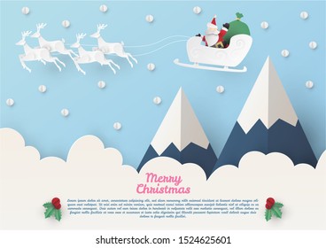 Santa Claus and reindeer art paper Merry Christmas Vector Art and Illustration
