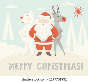 Santa Claus reindeer, and bear scandinavian card. New year greeting. Merry Christmas text slogan. Winter landscape vector illustration for party invitation, holiday poster design, sale banner