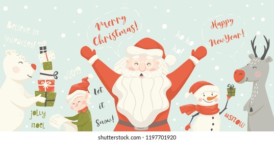 Santa Claus, reindeer, bear, snowman, elf scandinavian banner. New year card. Merry Christmas, happy new year text slogan. Vector illustration for party invitation, holiday sale poster design