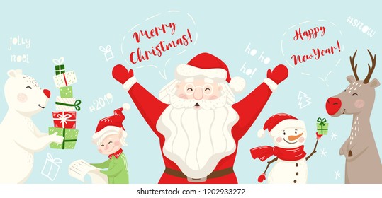 Santa Claus, reindeer, bear, snowman, elf scandinavian banner. New year card. Christmas team. happy new year text slogan. Vector illustration for party invitation, holiday sale poster design