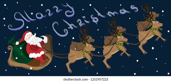 santa claus and reindeer begin to fly to send gift at xmas night,vector illustration. Santa Claus in a sleigh. Santa Claus rides reindeer sleigh on Christmas. Christmas night