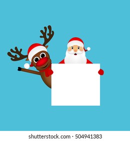 Santa Claus and reindeer with a blank white placard banner