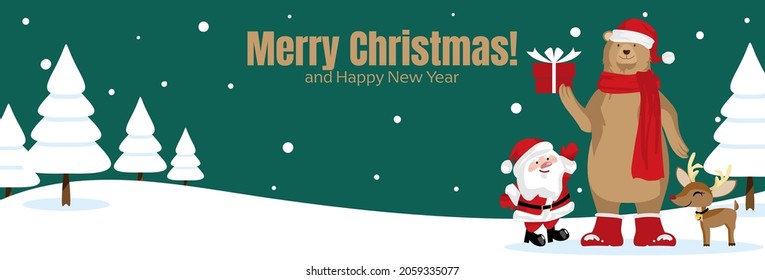 A Santa Claus, reindeer and brown bear wear Santa hat hold a gift box in pine tree forest on snow hill with falling snowflakes on dark green background with Merry Christmas text design for banner