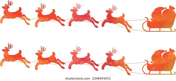 Santa Claus and reindeer carrying red presents on a sleigh.
