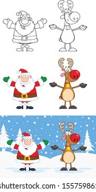 Santa Claus And Reindeer Cartoon Characters 1. Vector Collection Set