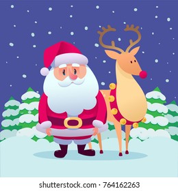 Santa Claus and Reindeer cartoon with a gift in flat style. Santa Claus stand and smile. Vector illustration for retro Christmas card isolated in snow background. Vector illustration. Merry Christmas.