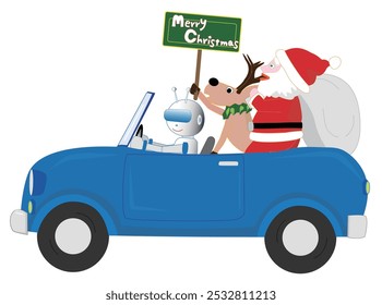 Weihnachtsmann und Rentier feiern Weihnachten im Auto.