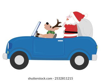 Weihnachtsmann und Rentier feiern Weihnachten im Auto.