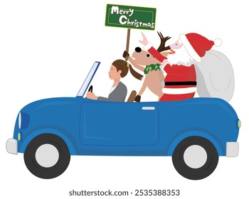 Weihnachtsmann und Rentier feiern Weihnachten im Auto.